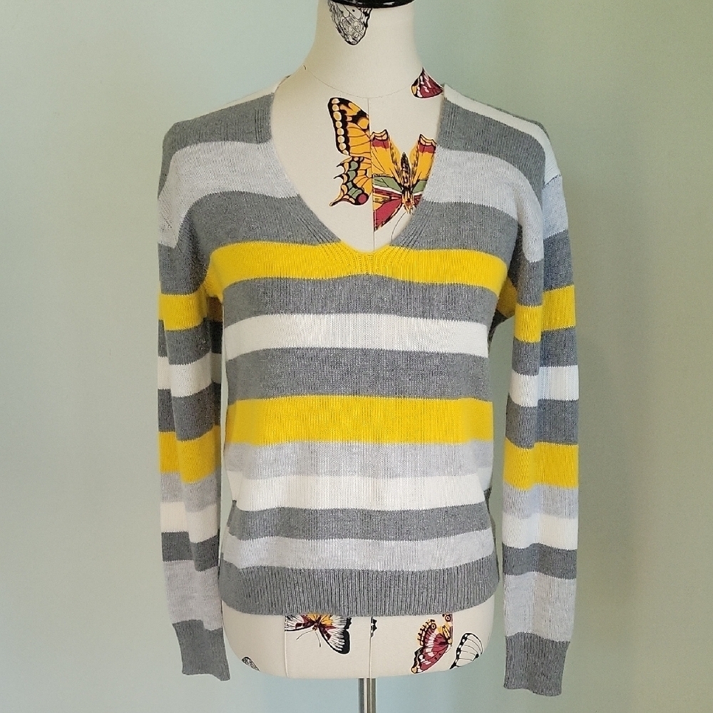 Express V-Neck Sweater in Gray and Yellow Stripes